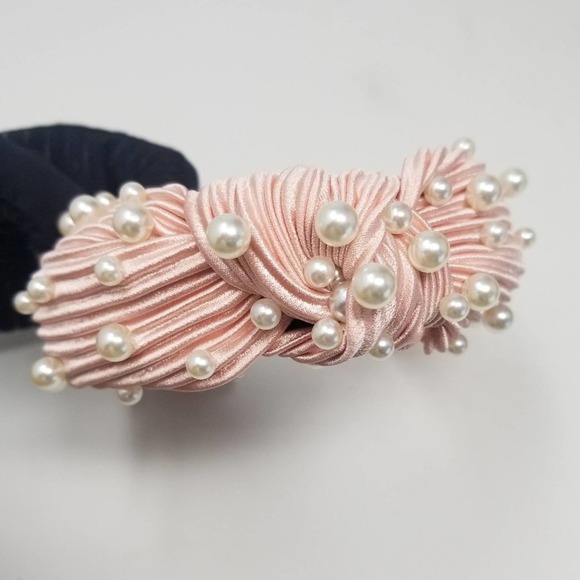 Blush Pearl Knot Pleated Silk Headband Crown Headpiece - Picture 3 of 9